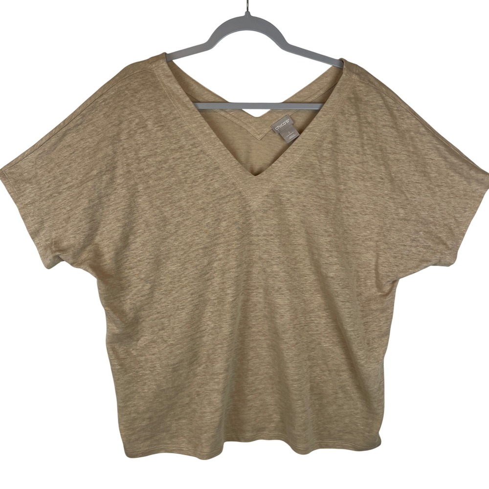 Chicos Womens 3 XL Tan Linen V-Neck Dolman Short Sleeve Knit Top Khaki Heather